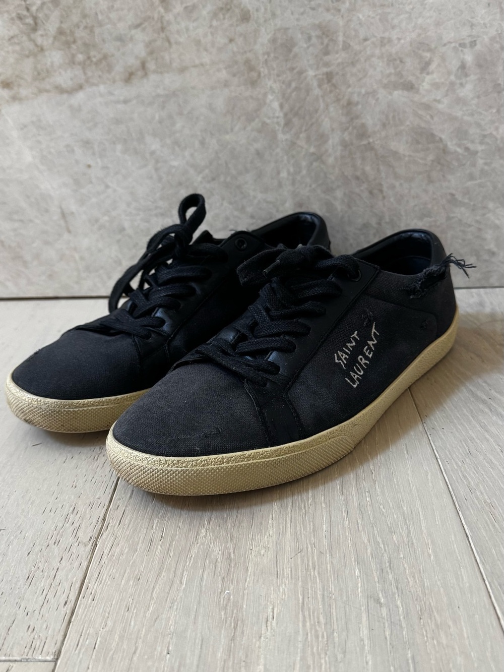 Saint Laurent Black Canvas Low-Top Sneakers with Cream Sole